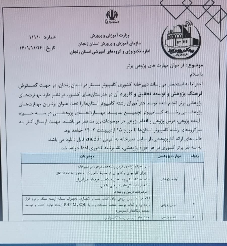 فراخوان مهارت هاي پژوهشي برتر در رشته كامپيوتر